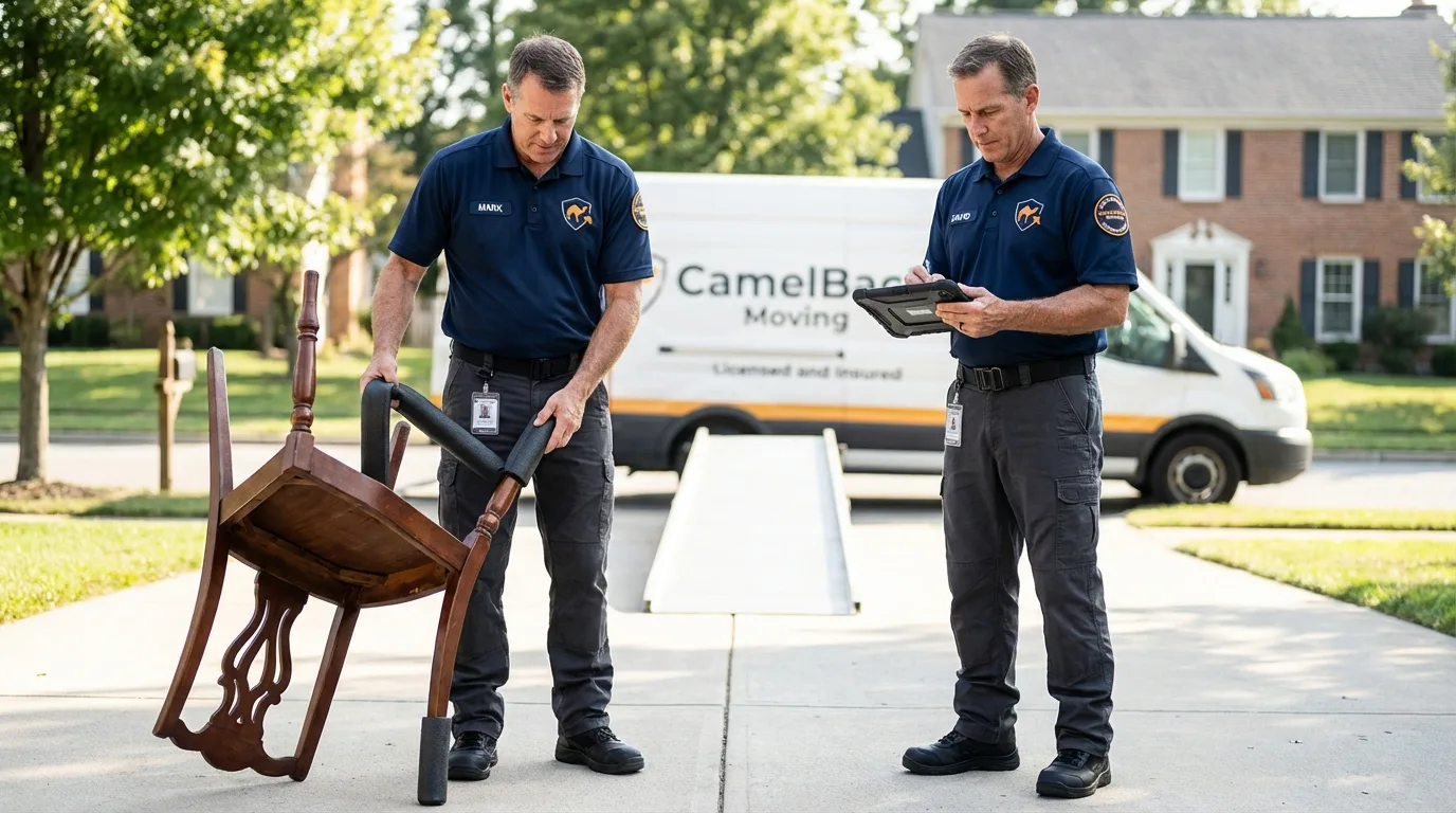 Movers inspecting furniture for damage prevention before loading in Kamas, UT